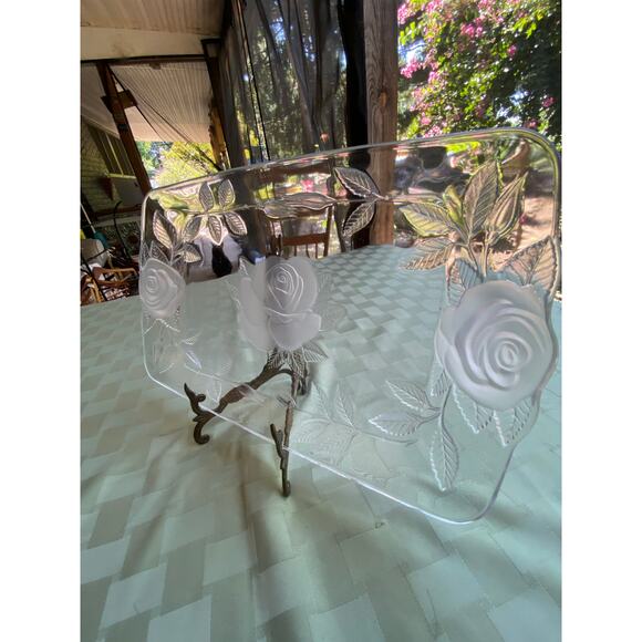 Cristal d'Arques Clear & Frosted Glass Tray with Roses 14 in X 8.25 in France - Picture 10 of 14